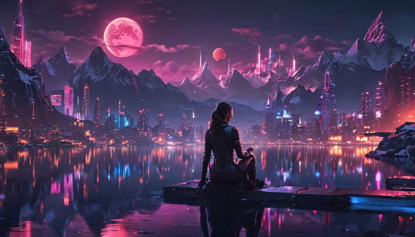 Cyberpunk Cityscape with Woman and Neon Reflections