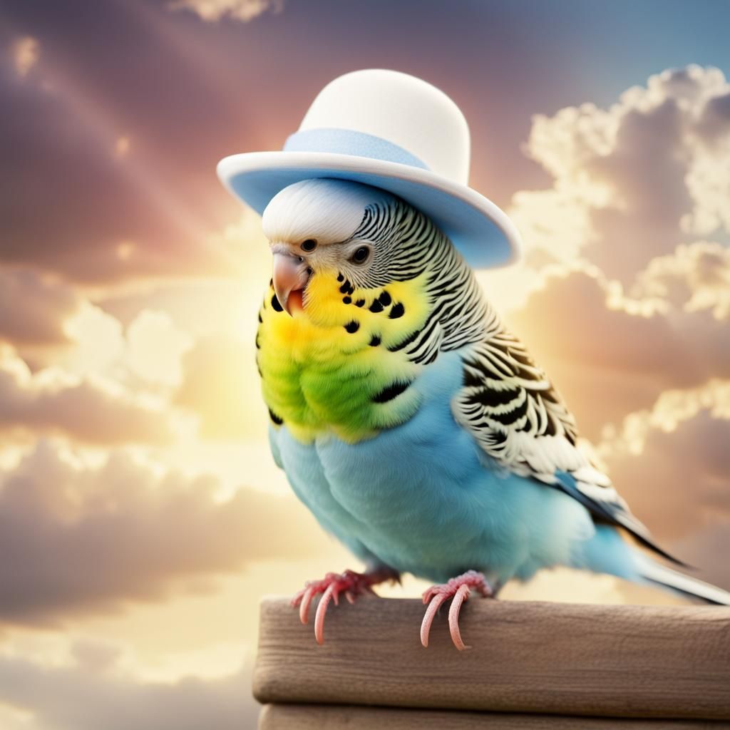 Budgie in a Cute Hat in Heavenly Light