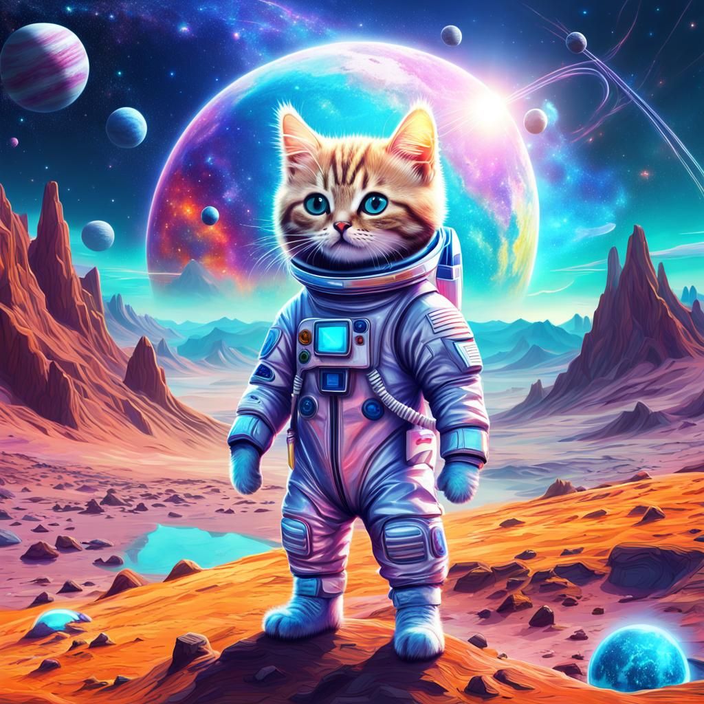 Astral Kitten Astronaut on Alien World: Pablo Amaringo Style