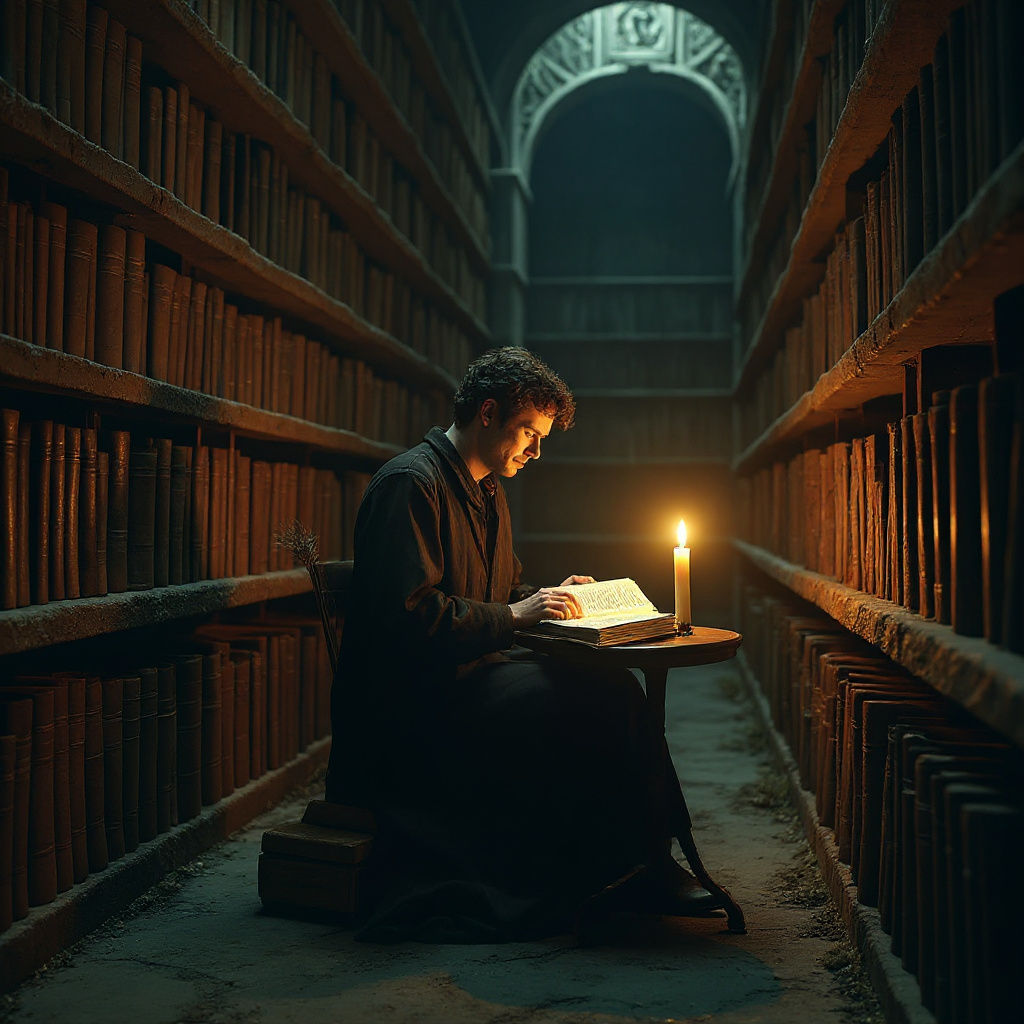 A hidden library deep beneath the earth, where the shelves are lined with books bound in human skin and the air is thick...