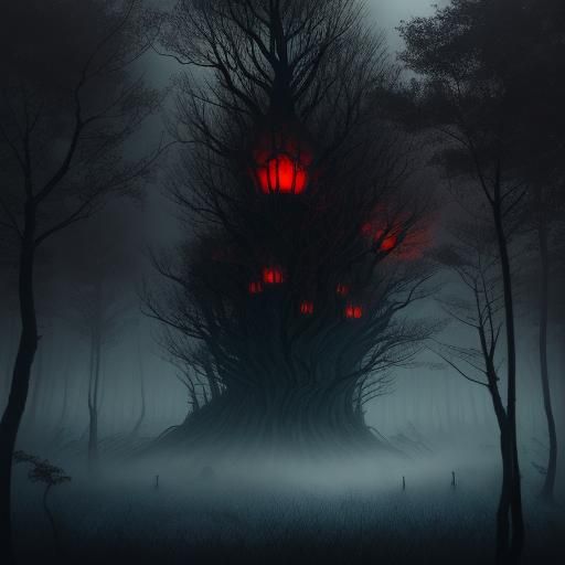 Eerie Japanese Demon in Misty Forest Illustration