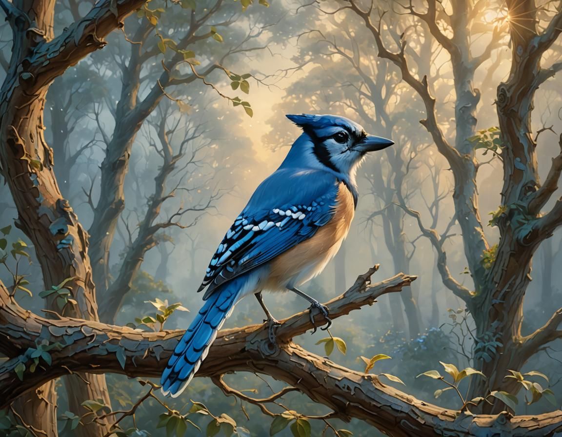 Ethereal Morning Glory: A Blue-Jay's Serene Sojourn