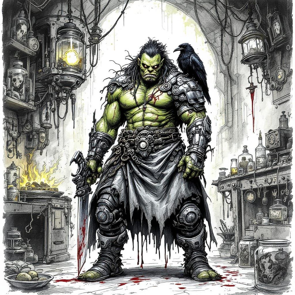 Cybernetic Orc Woman in D&D Style Airship Clinic