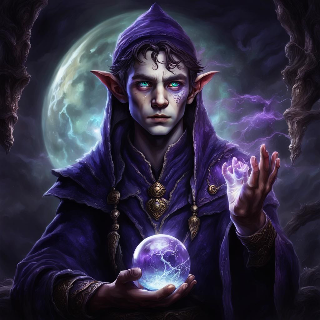 Cursed Elf Wizard with Crystal Ball: Digital Painting