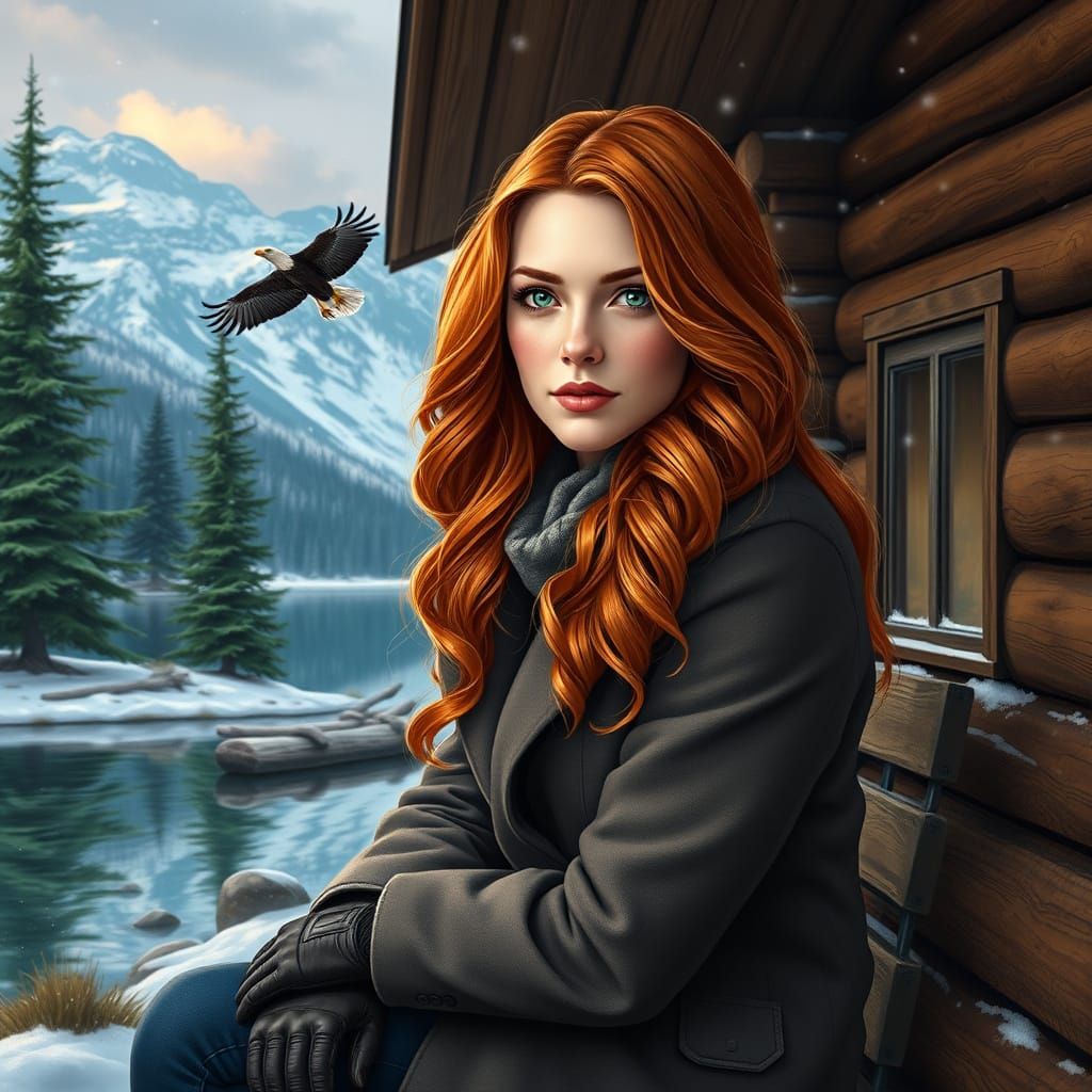 Redhead at Mountain Lake Cabin, Digital Illustration