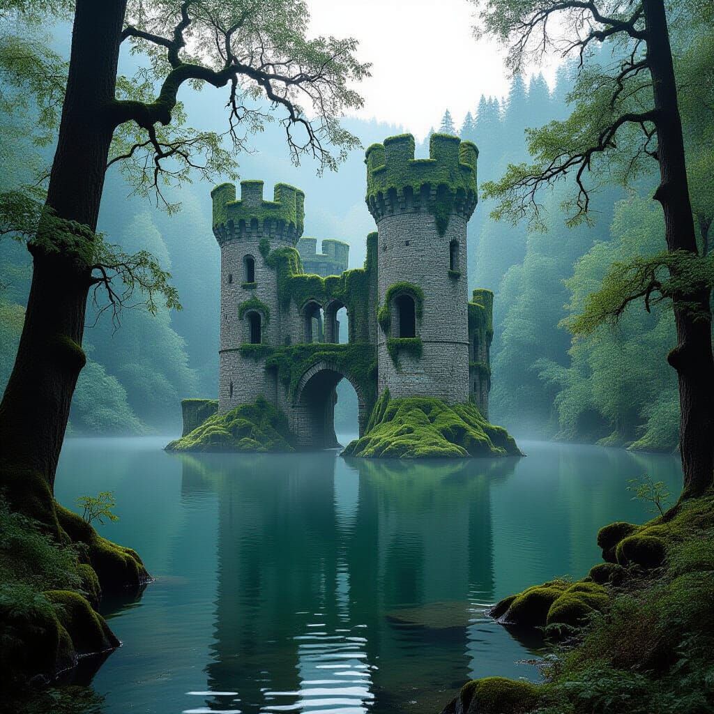 Mossy Castle Ruins Submerged in Misty Lake Landscape