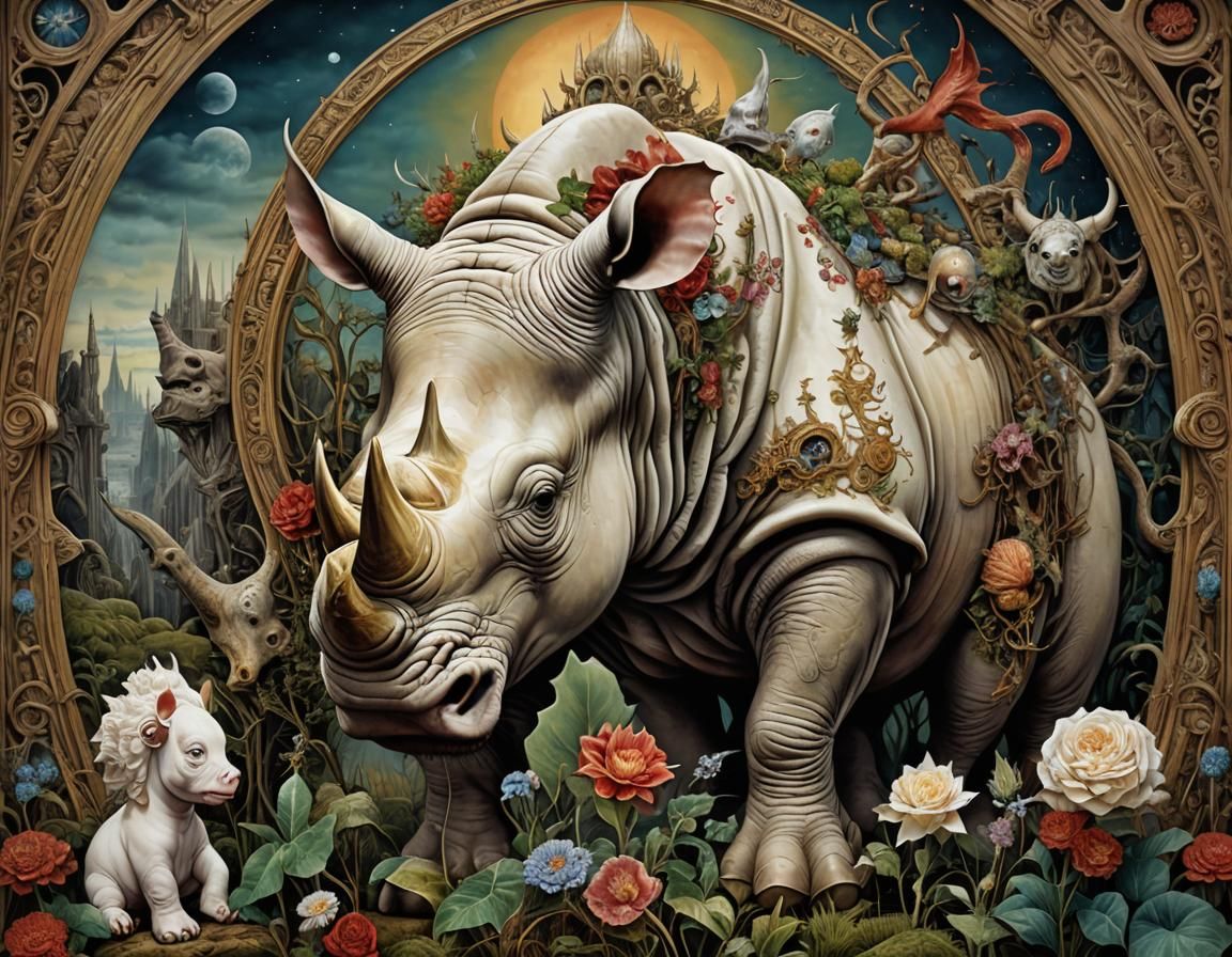Tattooed Albino Rhino in Surreal Art Nouveau Style