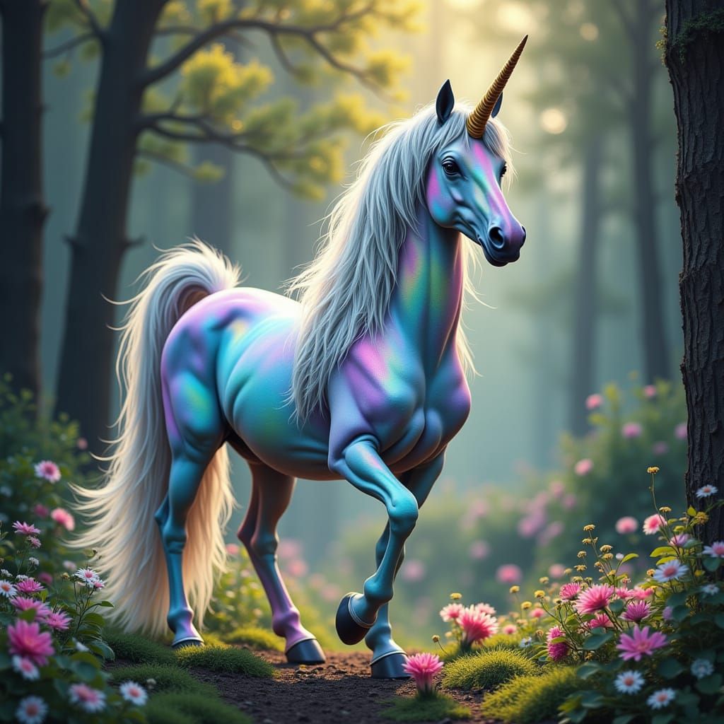Rainbow Unicorn in Lush Forest, Ethereal Art