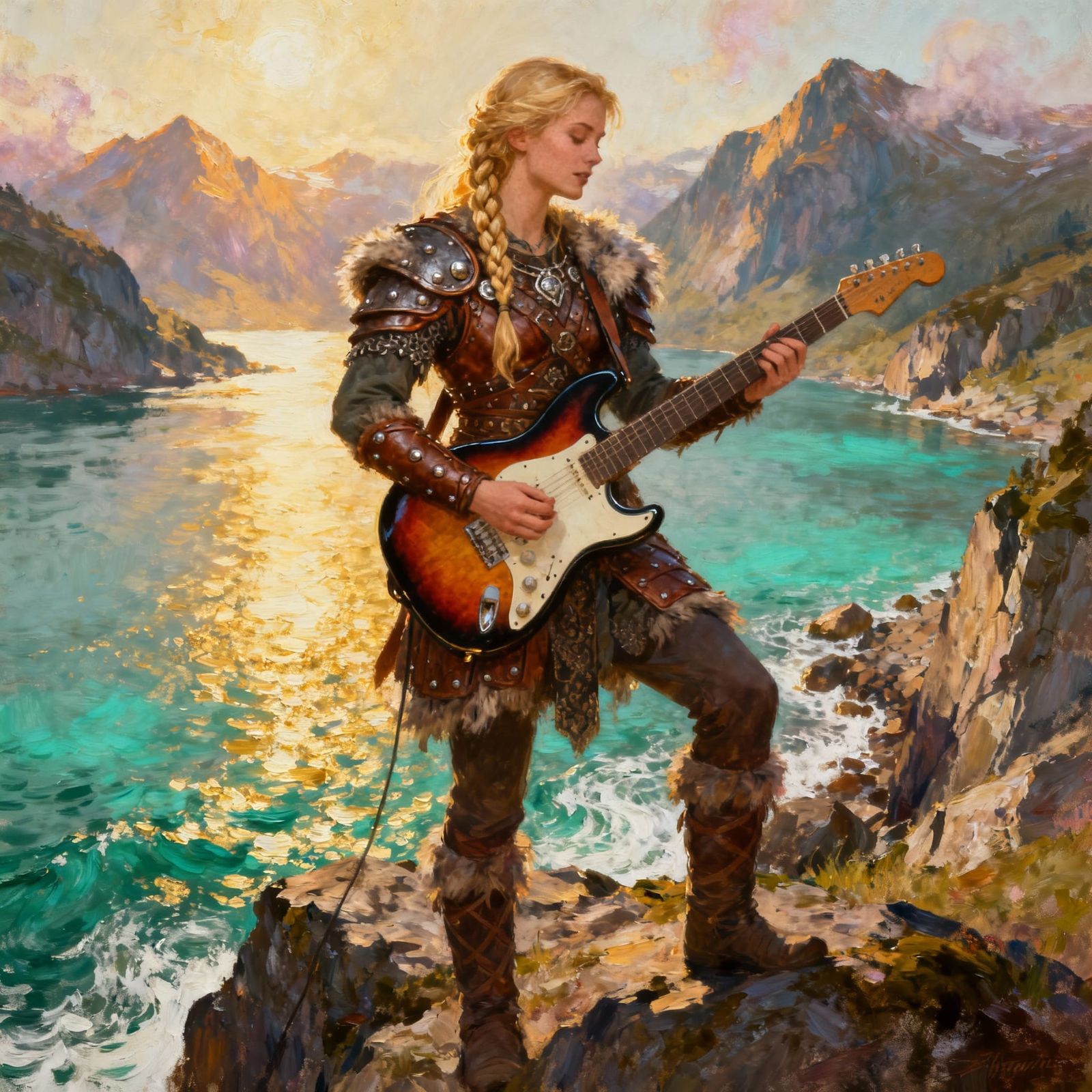 Viking Woman Plays Guitar on Fjord Cliffs in Impressionistic...