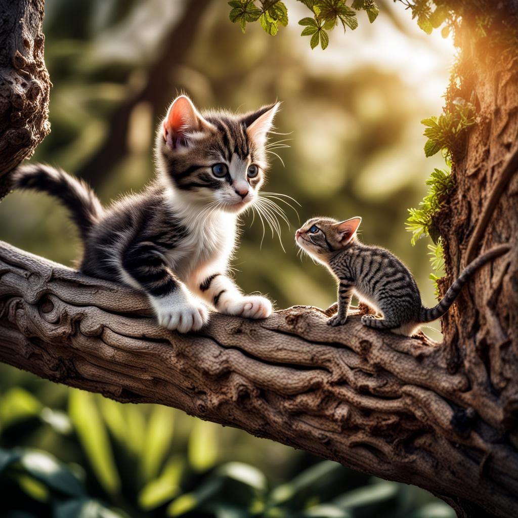 Kitten and Lizard in Tree, Hyperrealistic Image
