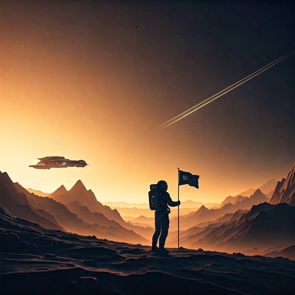 Surreal Futuristic Landscape with Astronaut Planting Flag in...