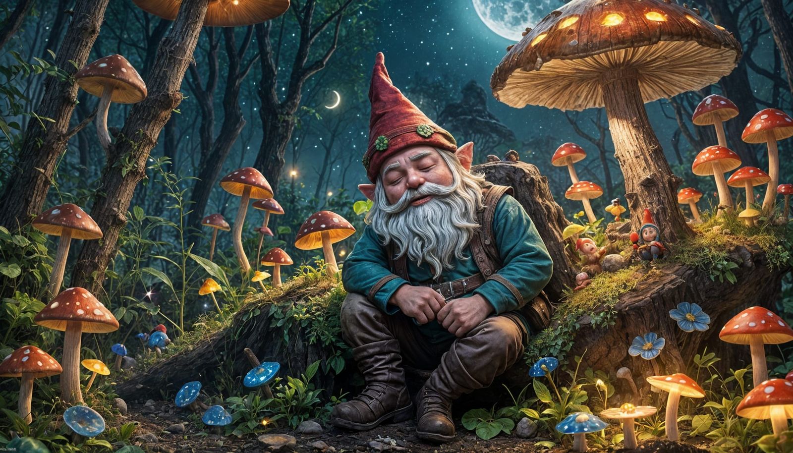 Gnome Sleeping Under Mushroom in Bioluminescent Night