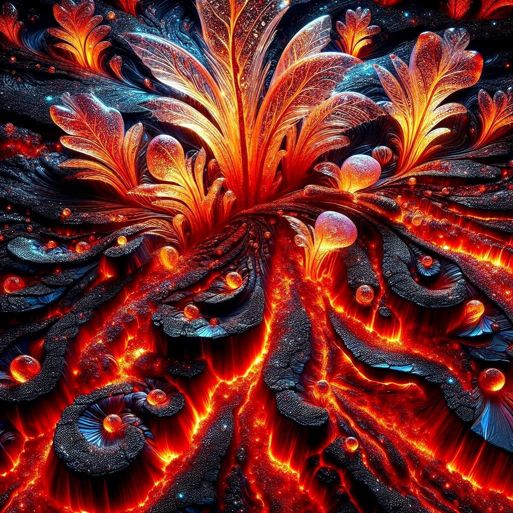 Vibrant Lava Oasis with Peacock-Inspired Glass Formations