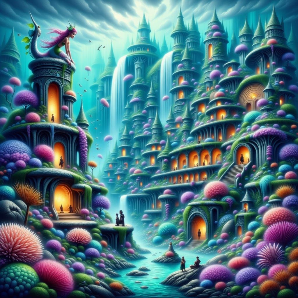 Surreal Underwater Cityscape in Whimsical Style