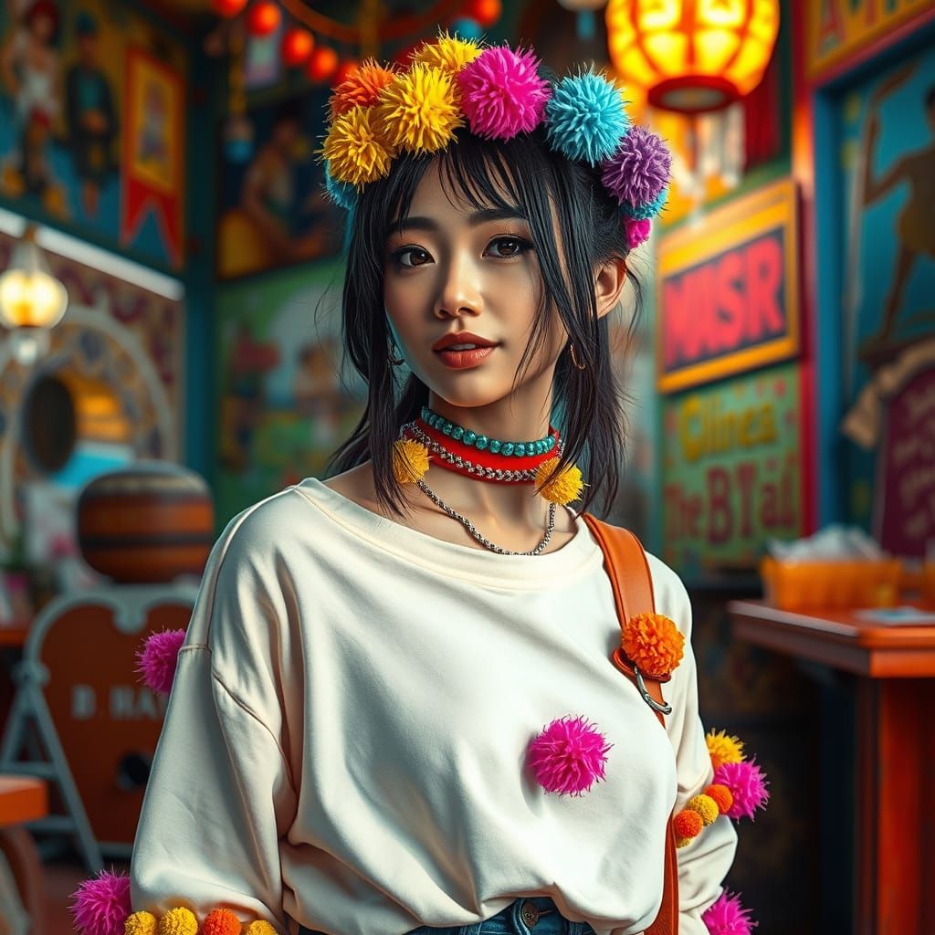 Colorful Pom-Pom Fashion in Hyperrealistic Art Style