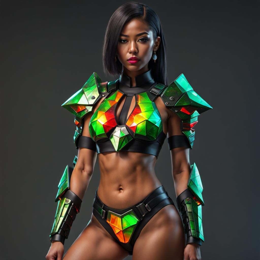 Cyberpunk Cheerleader in Ammolite Polygon Bikini Armor