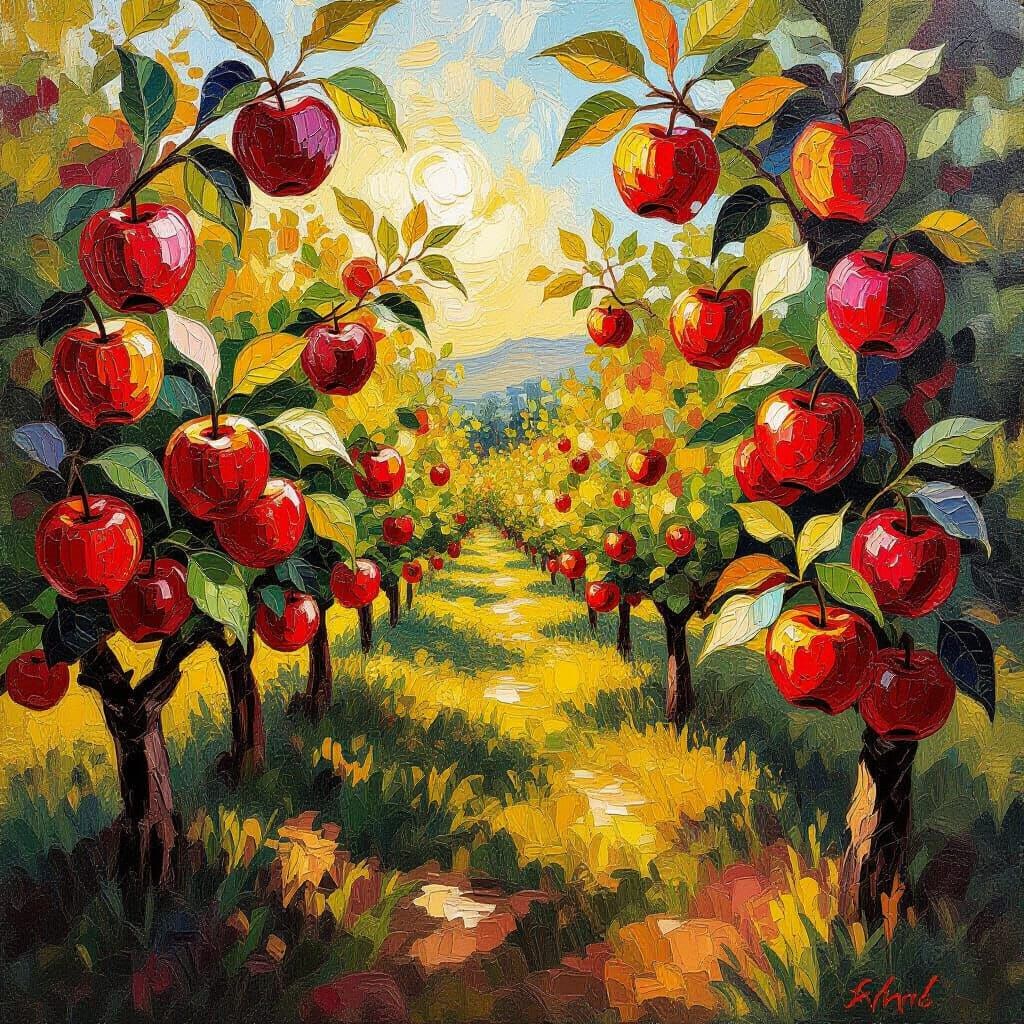 Vibrant Apple Orchard Oil Painting at Golden Hour