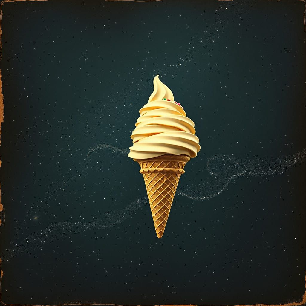 Surreal Starry Night Scene with Floating Ice Cream Cone