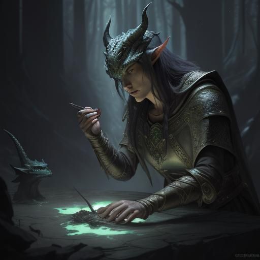 Elvish Druid and Dragonborn in Dark Fantasy Style