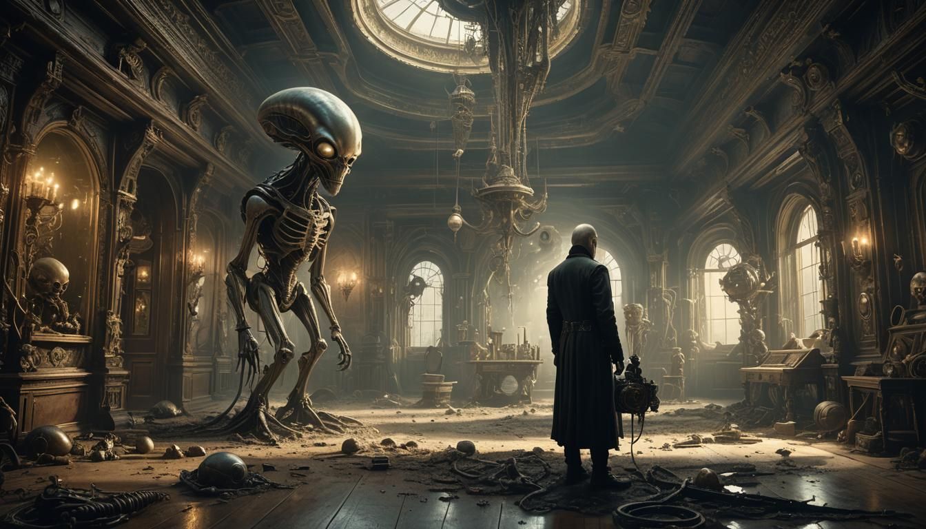 Alien in Steampunk Cabinet of Curiosities