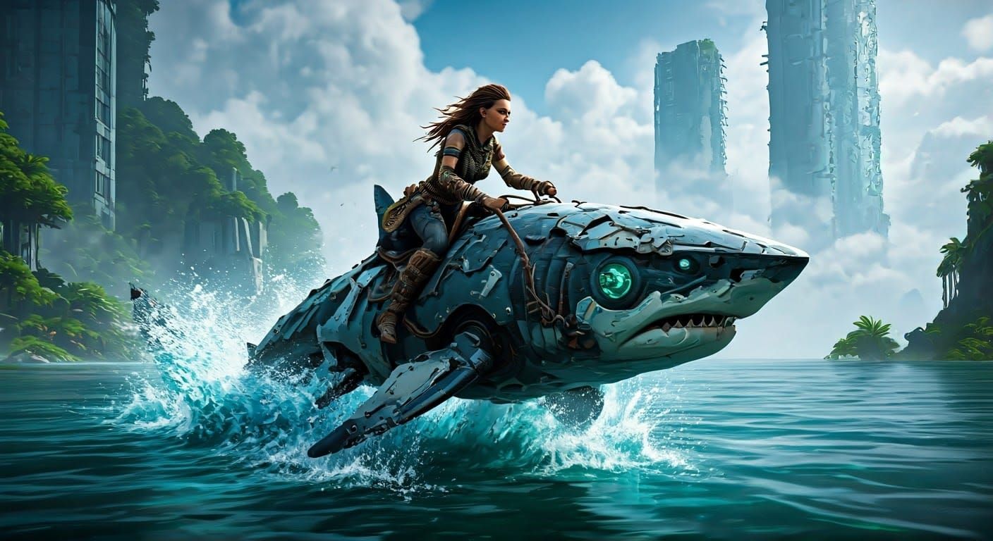 Robotic Shark Leaps from Water in Horizon Zero Dawn Style