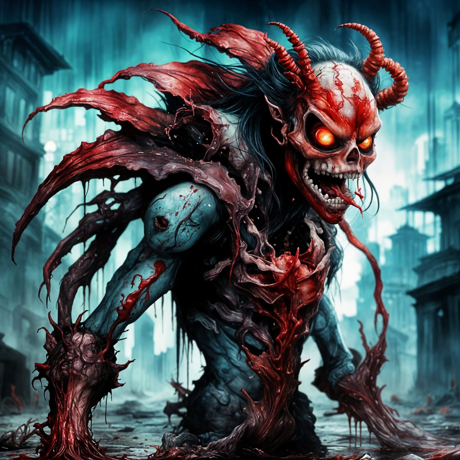 Macabre Zombie Woman in Decay Print Style