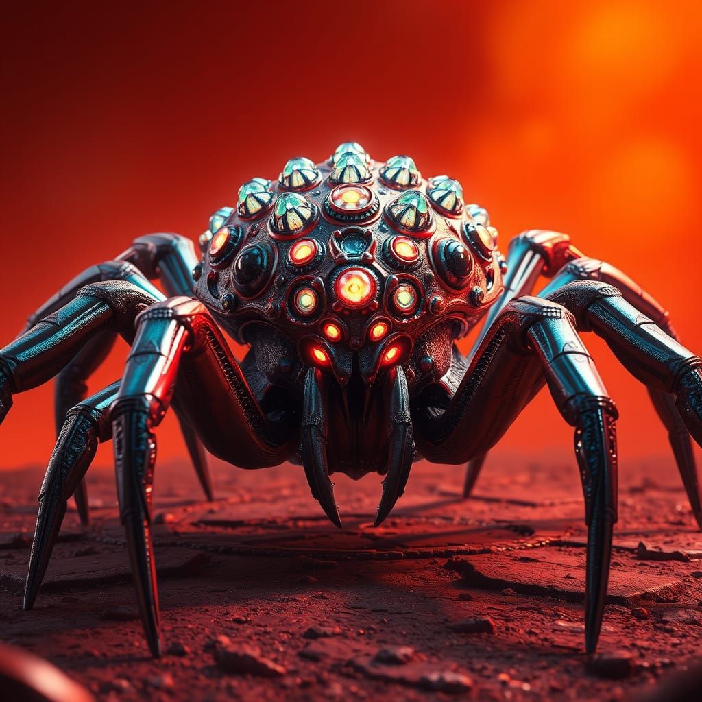 Glowing Spider Creature on Vibrant Orange Background