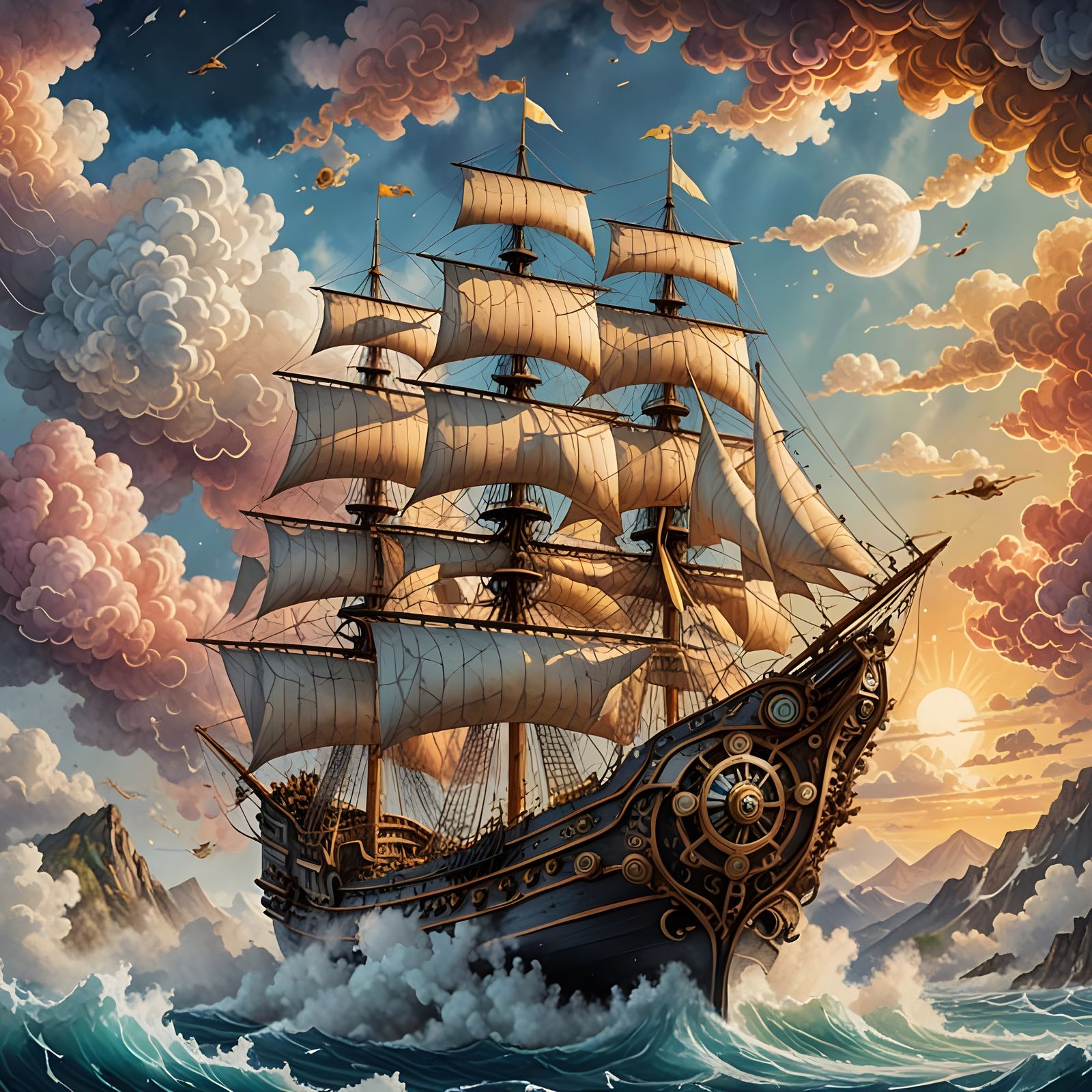 Clockwork Ship Sails Under Electric Skies