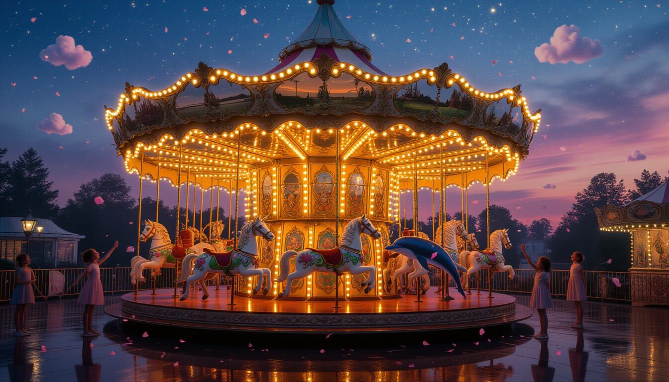 Whimsical Vintage Carousel Under Twilight Sky
