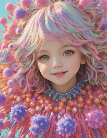 Playful Boy Covered in Pom Poms: Whimsical Digital Art