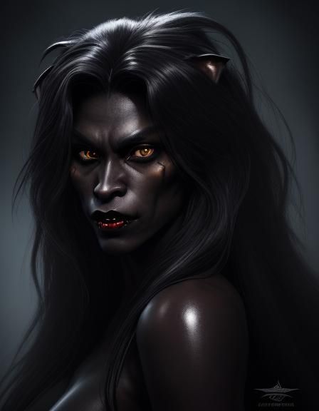 Monster werewolf, long hair,werewolf head, werewolf ears,werewolf face,big fangs, werewolf black eyes,Black oiled skin, ...