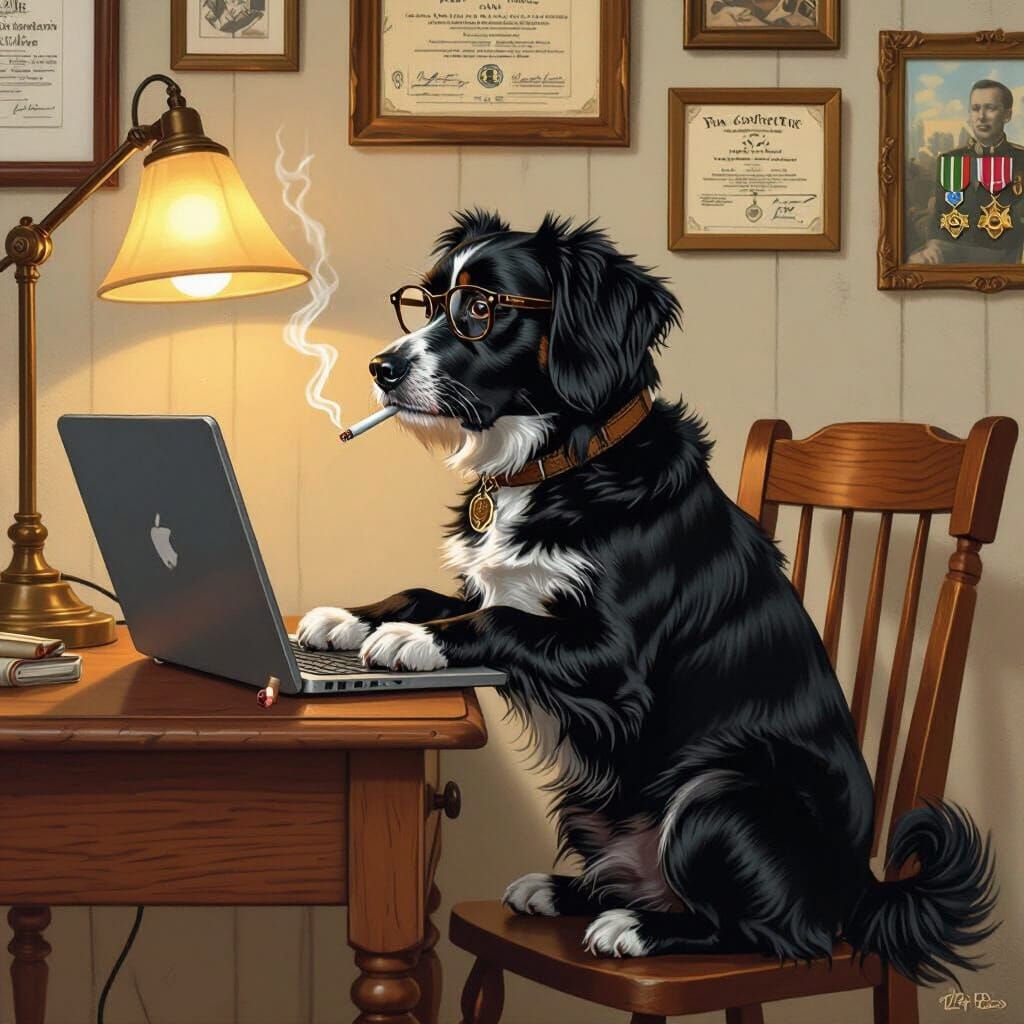 Dog in Glasses Reads Laptop in Warm Lamp Light