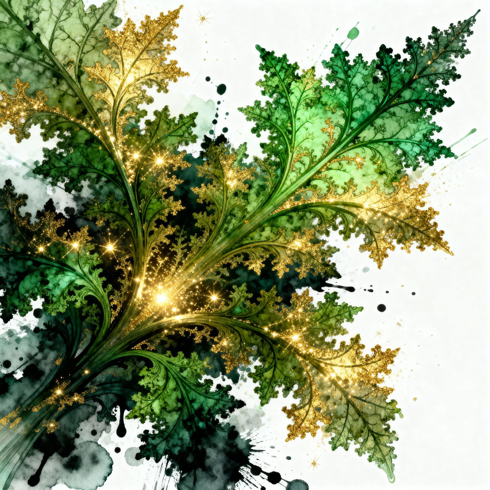 Majestic Fractal Leaves with Gold Sparks in Digital Art Styl...