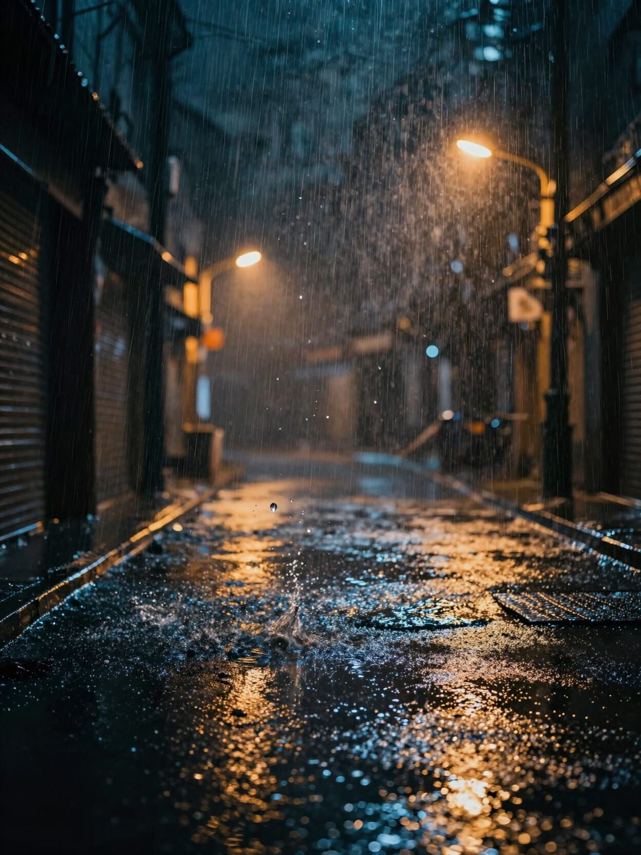 A dramatic, cinematic scene during heavy rain at night, rain falling in sharp streaks illuminated by neon and warm stree...