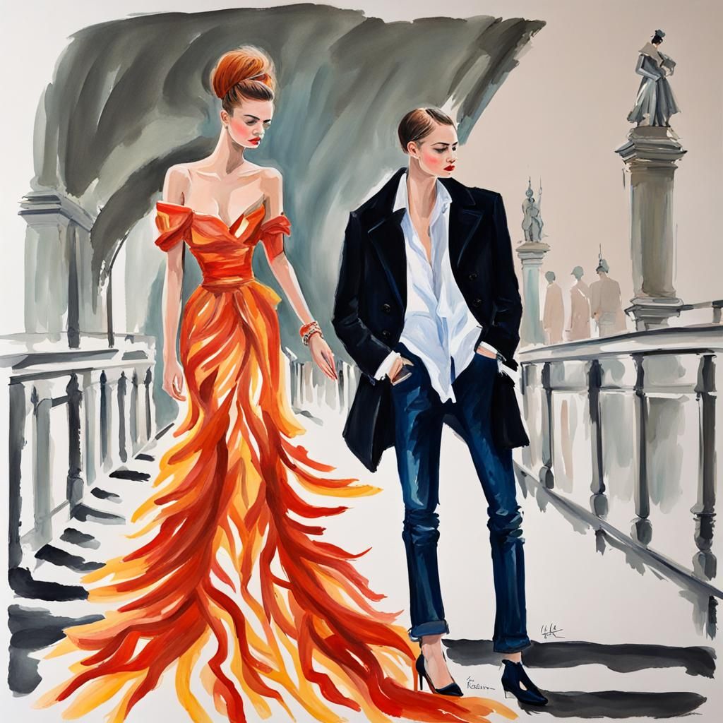 Burning Bridges in French Fashion, Gouache Painting