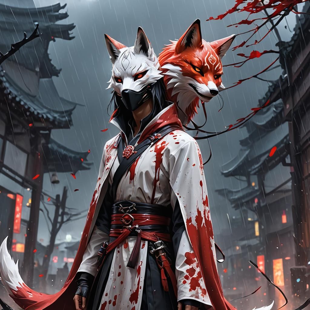 Assassin with Fox Mask in Rainy Anime Style