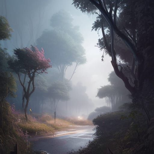 Overgrown Deserted Road in Atmospheric Digital Painting