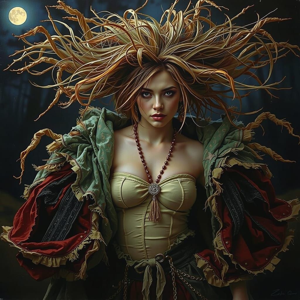 Glamorous Woman on Windswept Moor at Twilight in Oil Paintin...