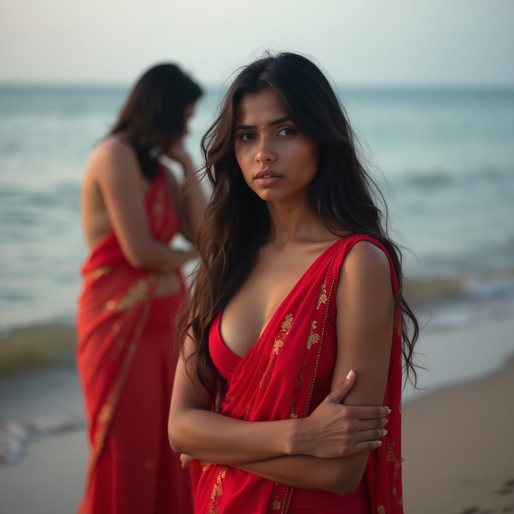 Distressed Woman Surrounded by Staring Men on Seashore