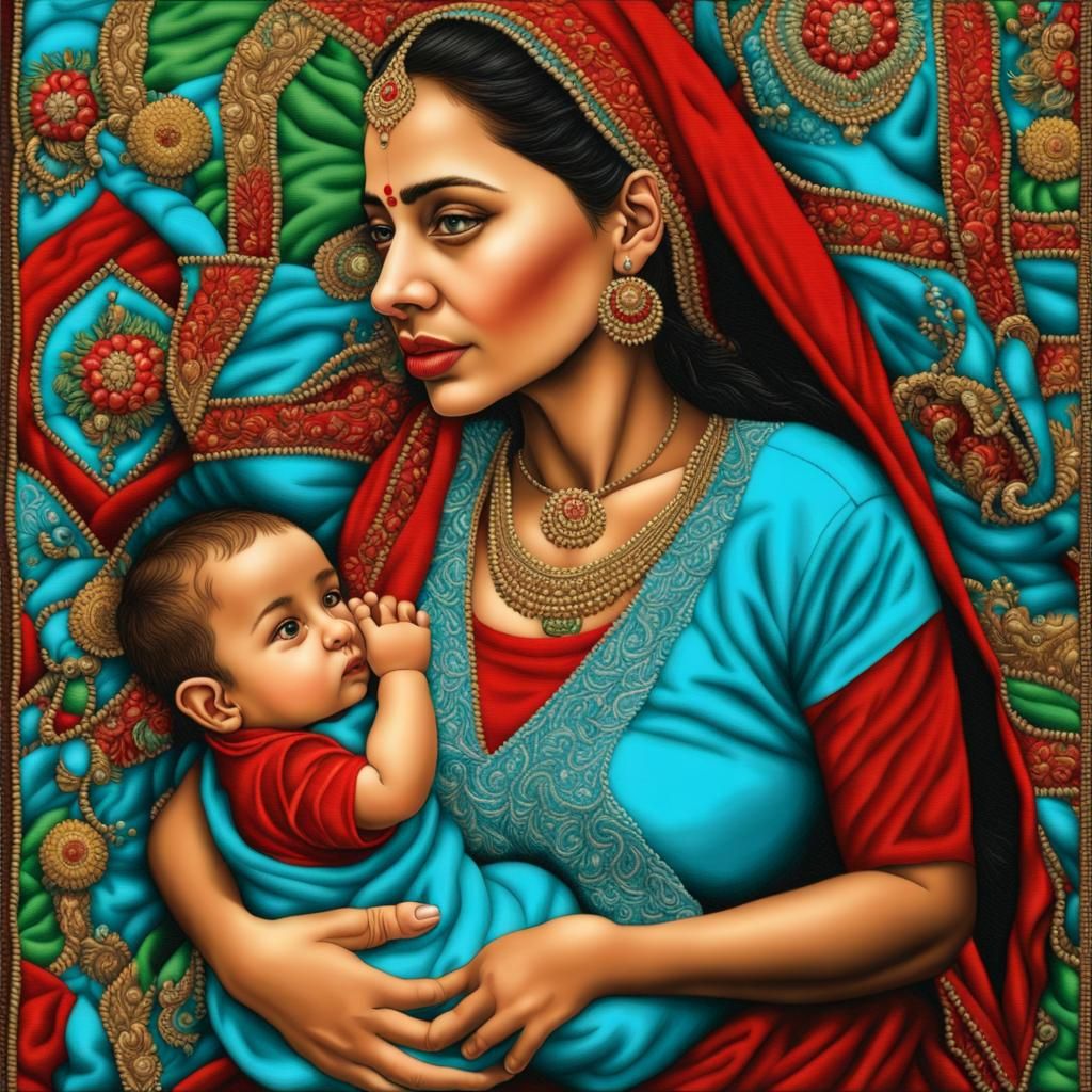 Embroidered Mother and Baby Portrait in Fractal Art