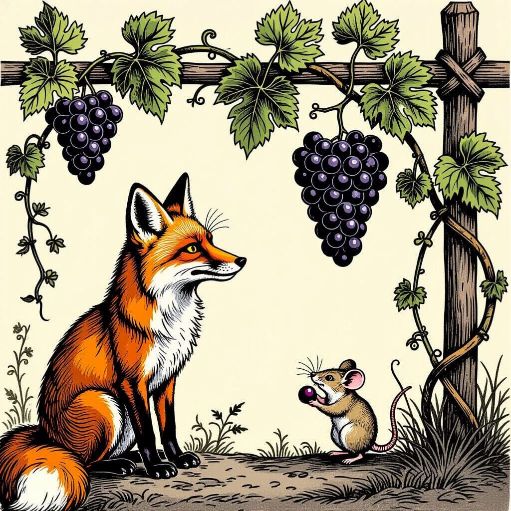 Fox and Grapes in Engraving Style