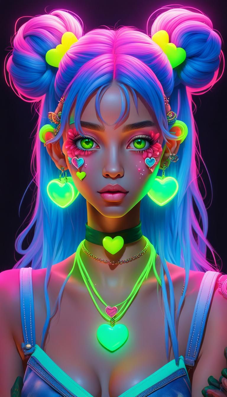 Hyper realistic Anime caricature long multi-colored neon tou...