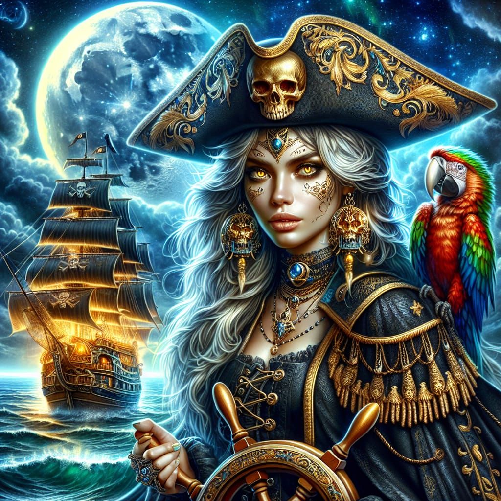 Caribbean Pirate Steers Ship Under Moonlight