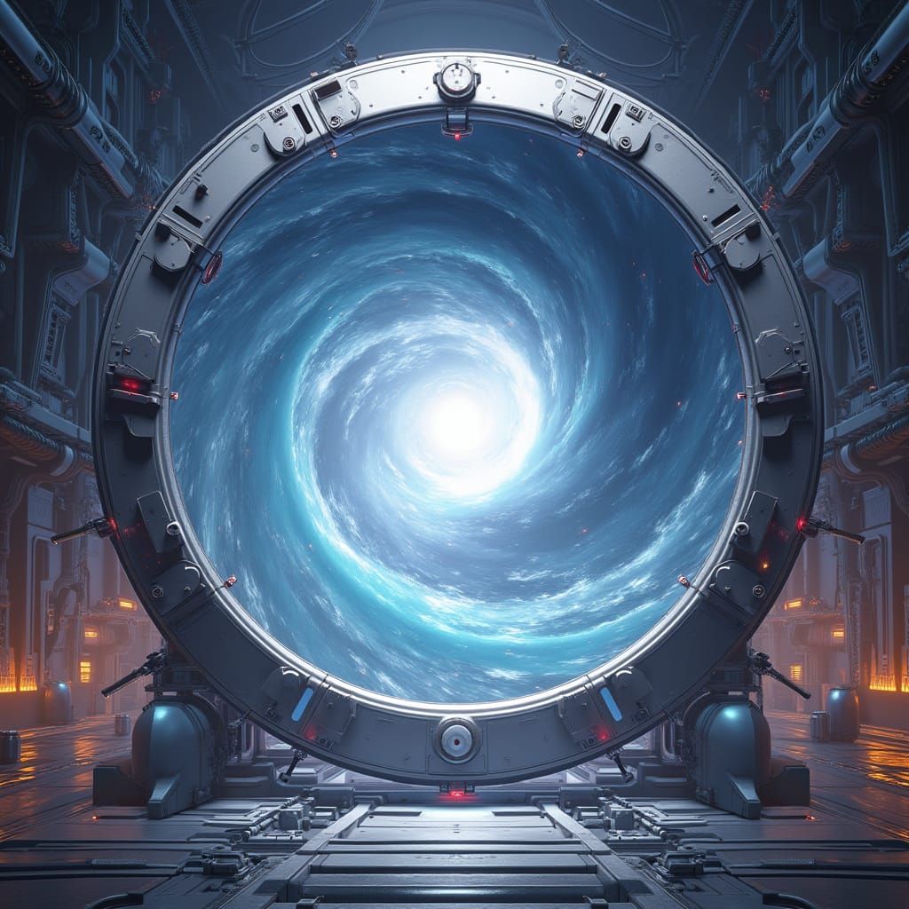 Sci-Fi Hangar Portal to Another Planet in 3D Anime Style