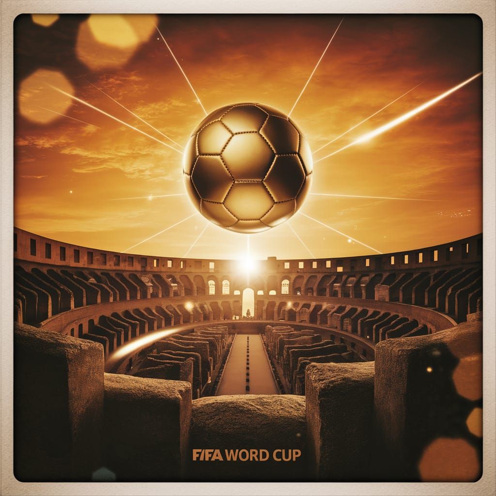 Golden Soccer Ball at Roman Coliseum Sunset