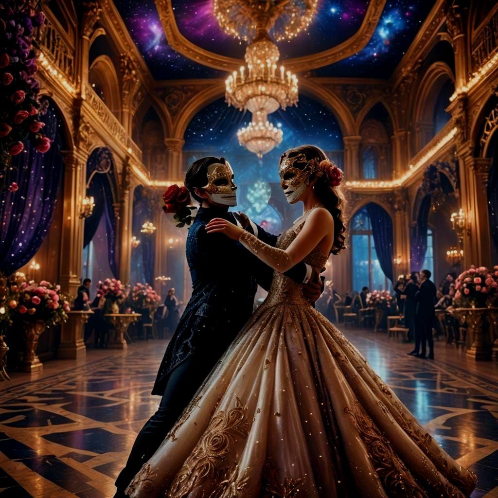 Gothic Fantasy Lovers Dancing in a Ballroom