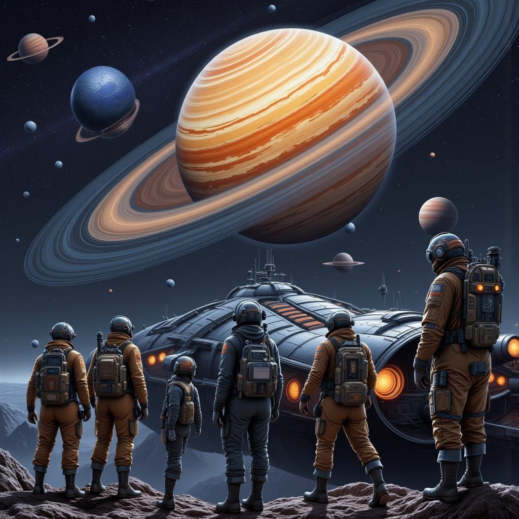 Explorers on Jupiter Spaceship with Galaxy