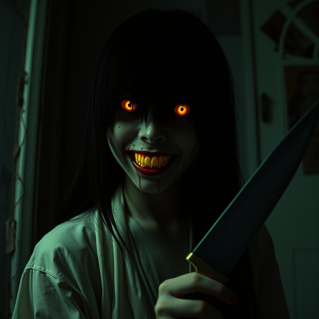 Terrifying Sadako-like Woman with Butcher Knife