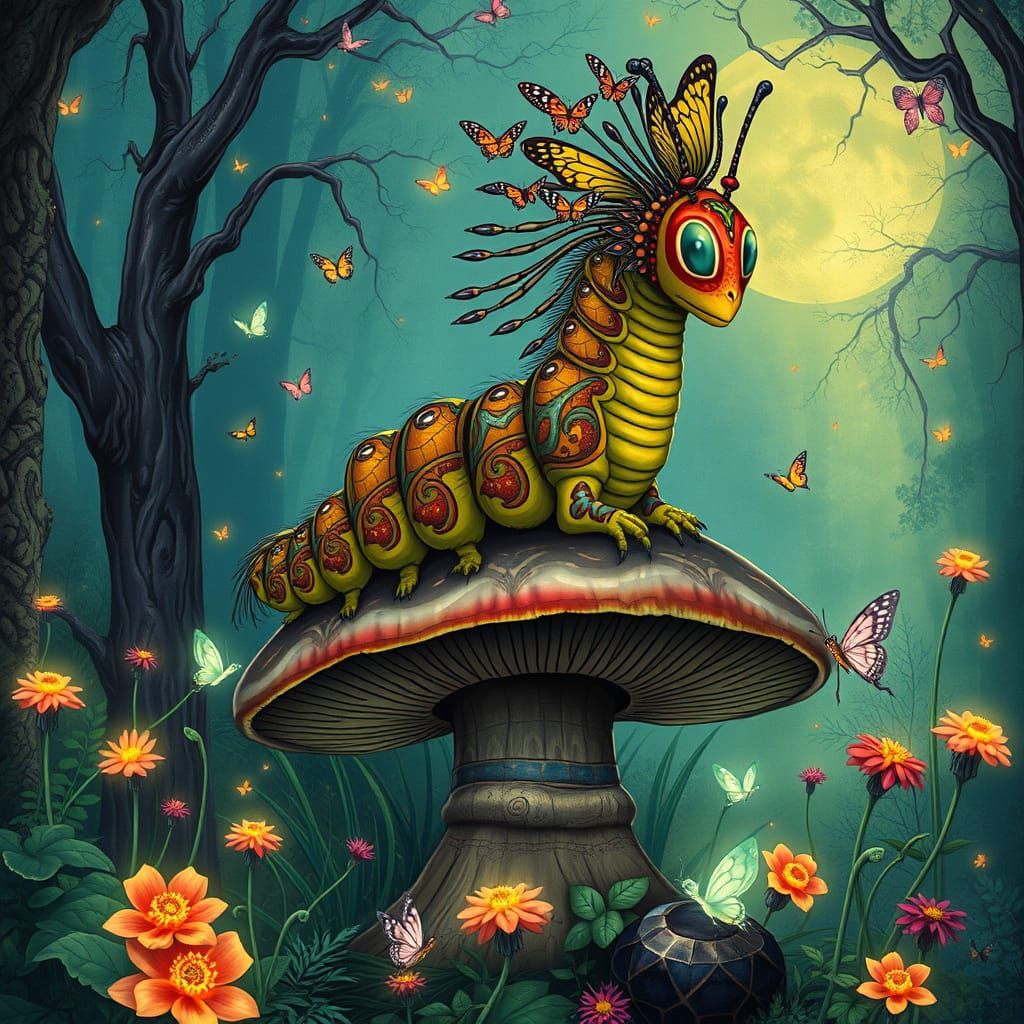 Wise Caterpillar in Psychedelic Forest, Visionary Art