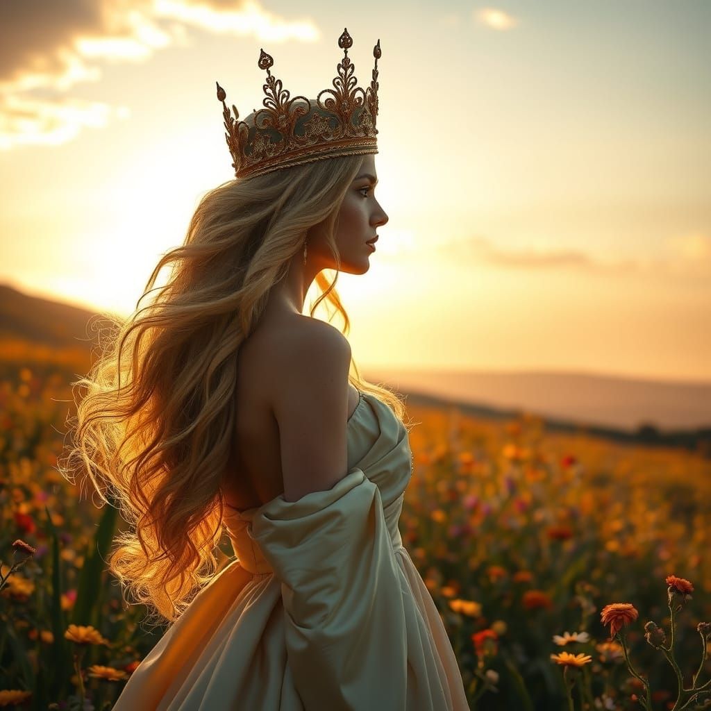 Golden Woman in Wildflower Field, Art Nouveau Style